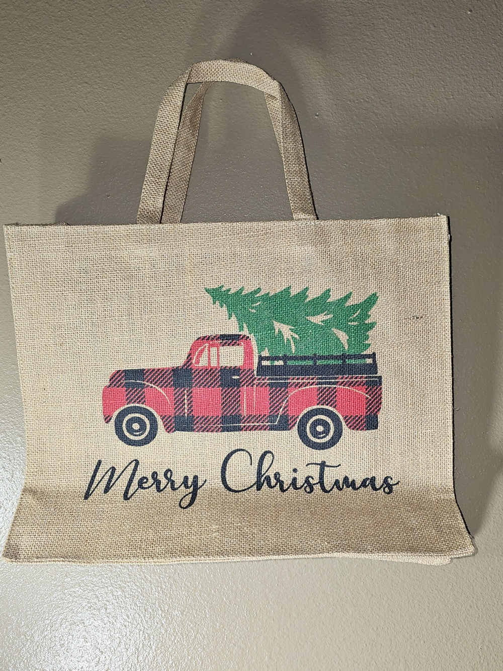 Jute Tote Bag Little Red Truck Hauling A Christmas Tree Burlap Christmas Bag